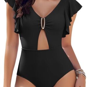 Black Ruffle Sleeve One-Piece Swimsuit with Gold Accent - Unbranded